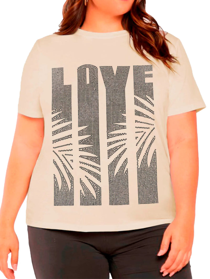 Camiseta Plus Size Love Com Pedraria