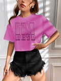 Cropped Oversize Com Strass Padrão de Letra Camiseta Crop