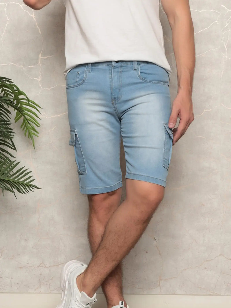 Shorts Bermuda Jeans Cargo Masculina Lavagem Clara Modelo Premium