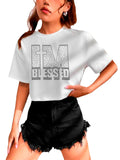 Cropped Oversize Com Strass Padrão de Letra Camiseta Crop